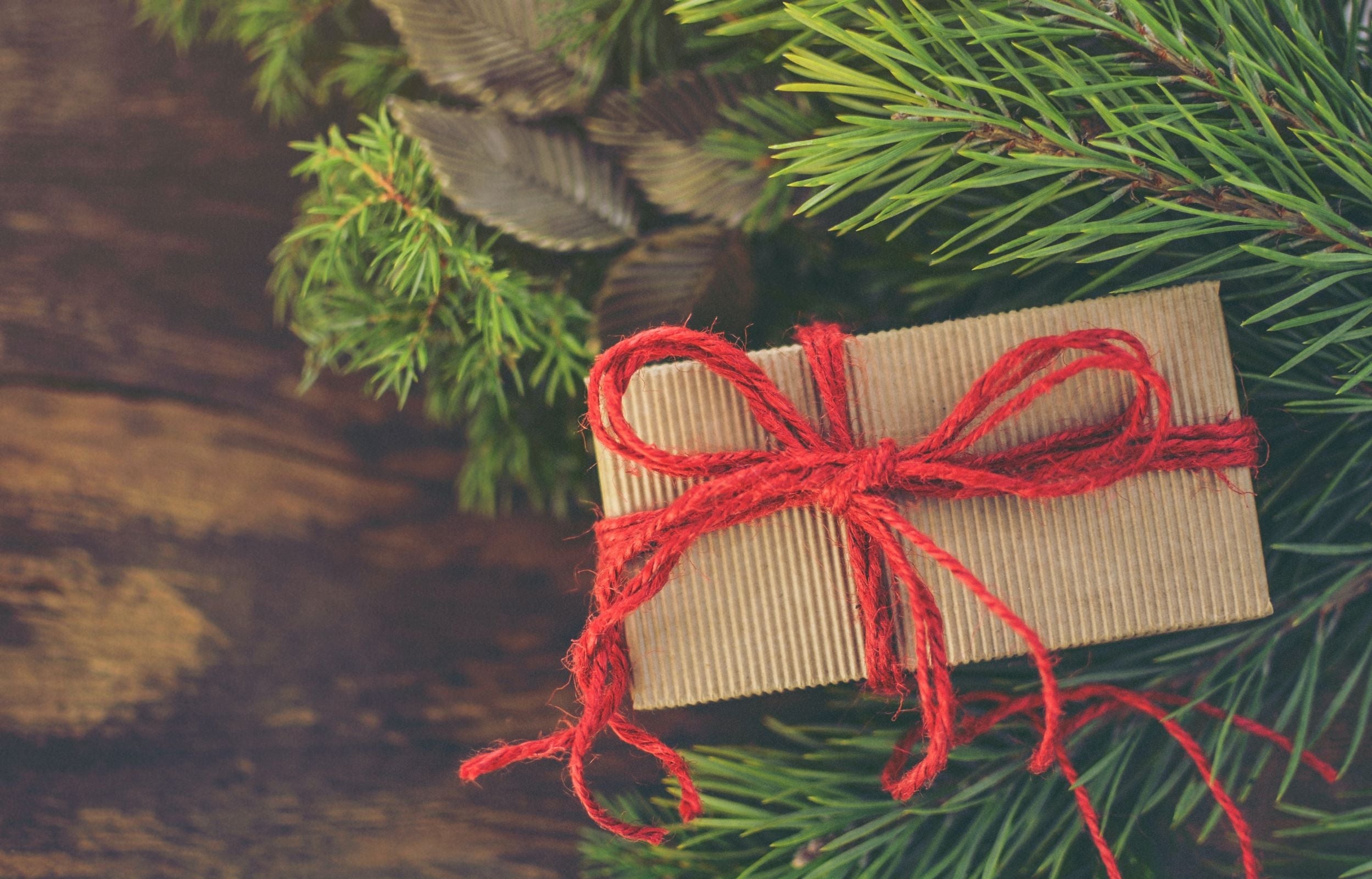 Brown paper package wrapped in red string laying on a pine branch.