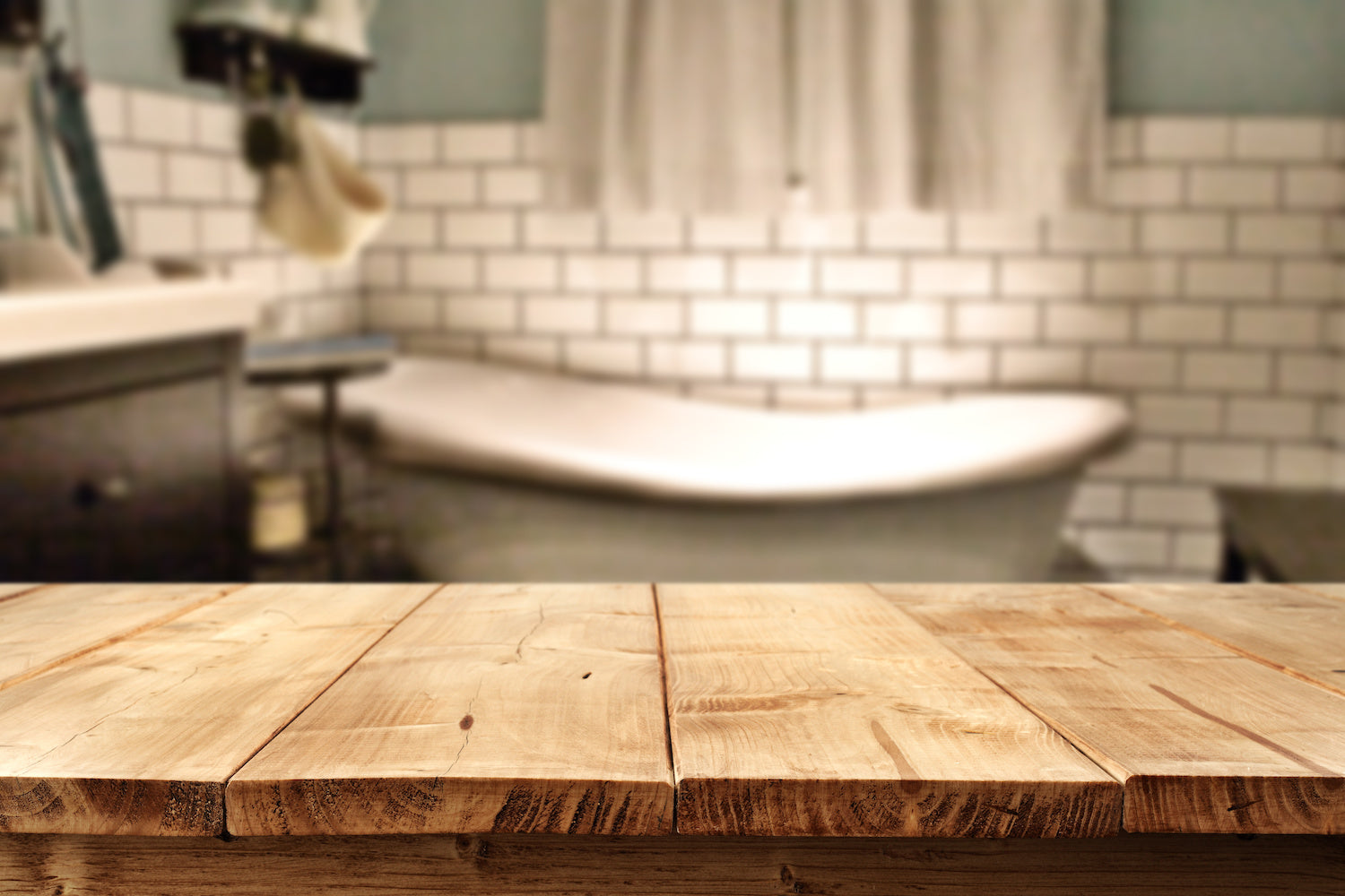 Reclaimed wood accents in a serene bathroom.