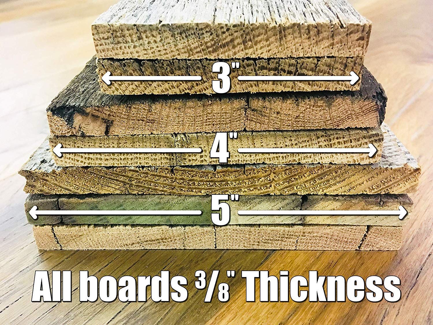 Premium reclaimed barn wood plank length and thickness example.
