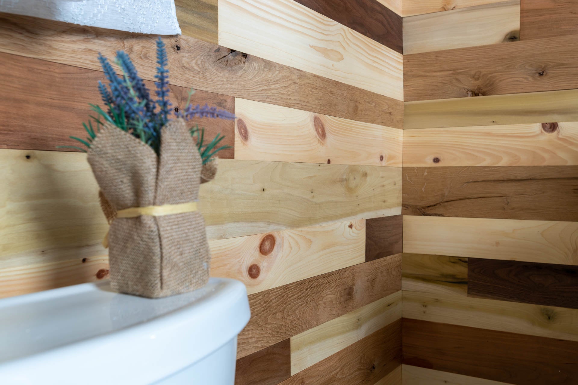Vintage multicolored reclaimed wooden plank walls.