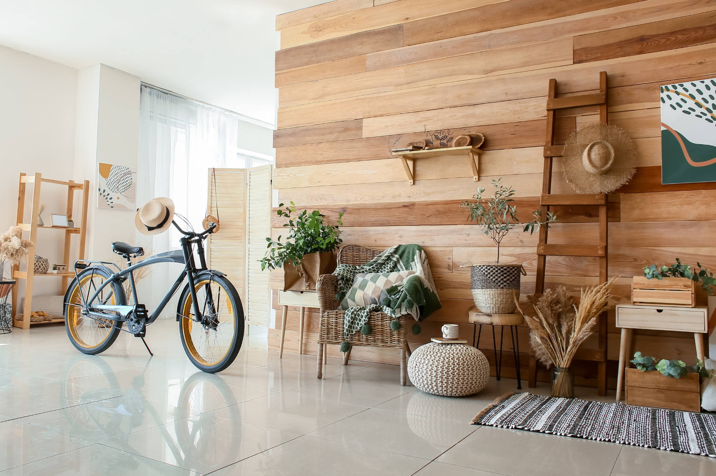 Reclaimed wooden pallet wall accent piece inside a modern home.