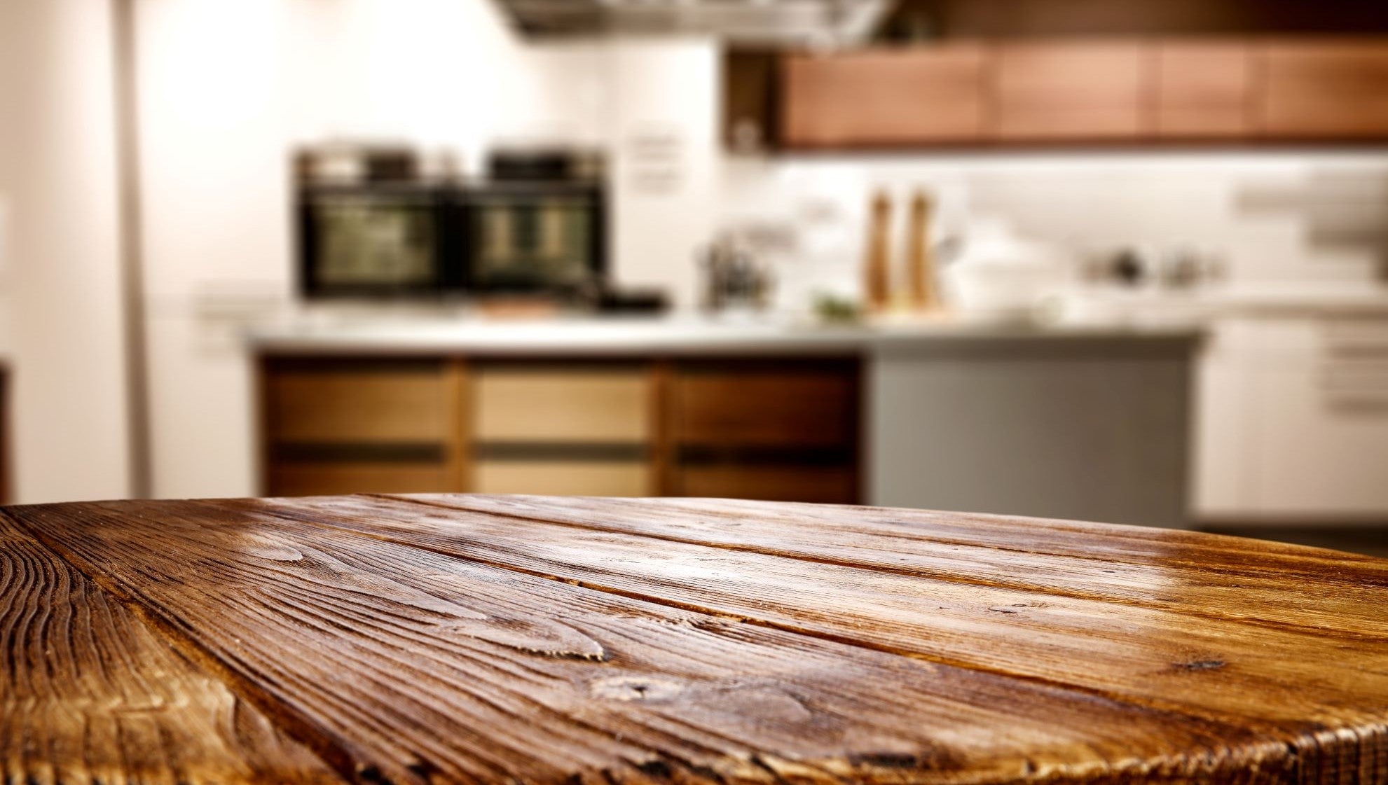 Wood table in a kitchen.