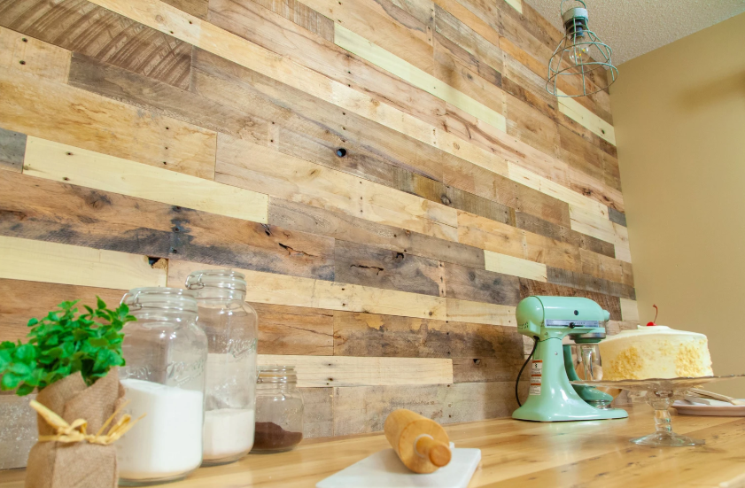 Wood accent wall in kitchen.
