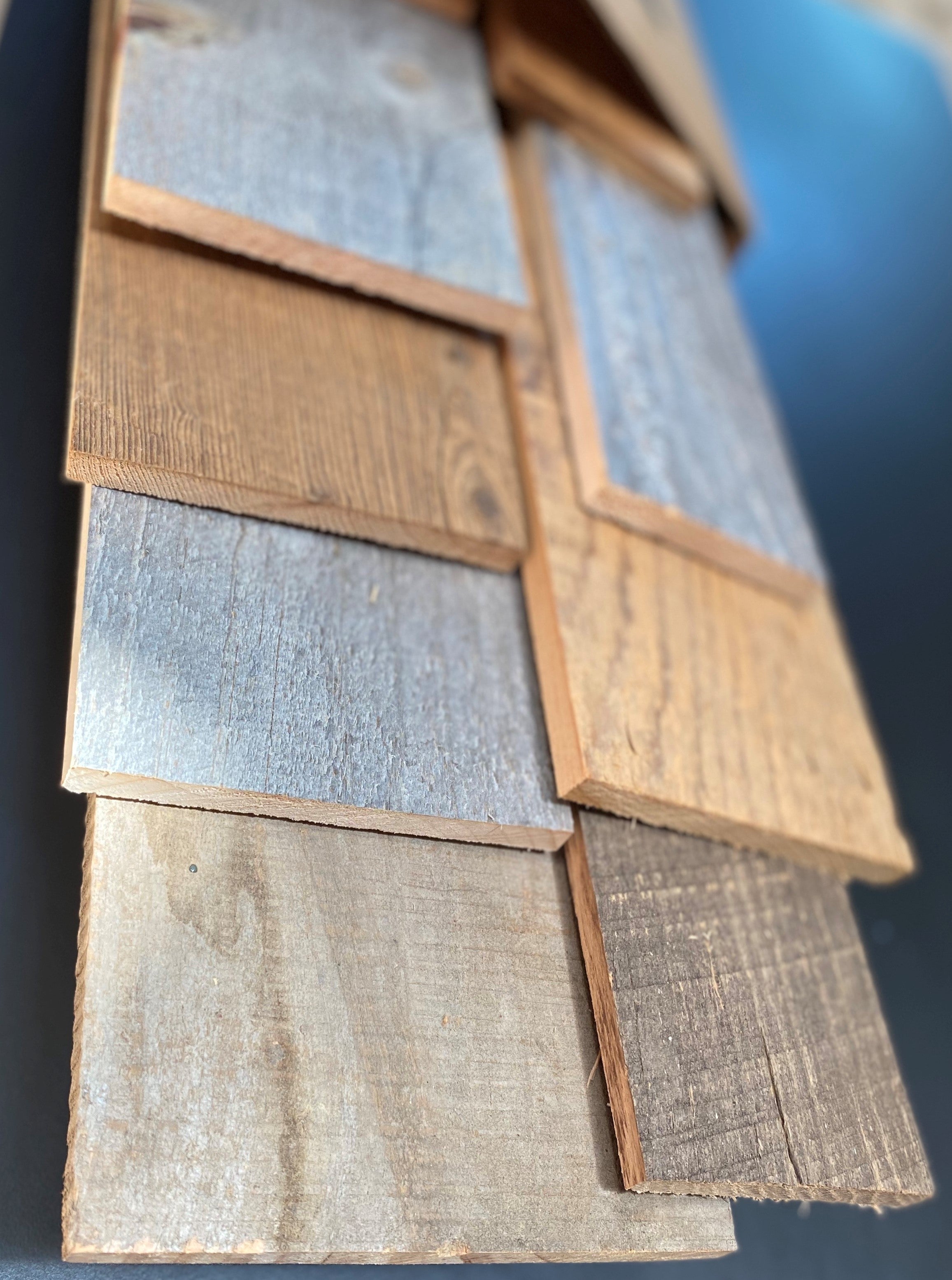 Premium reclaimed barn wood kit close up of planks.